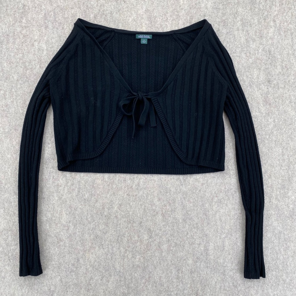 Black Tie Front Bolero Shrug Cable Knit Sweater Medium Long Sleeve